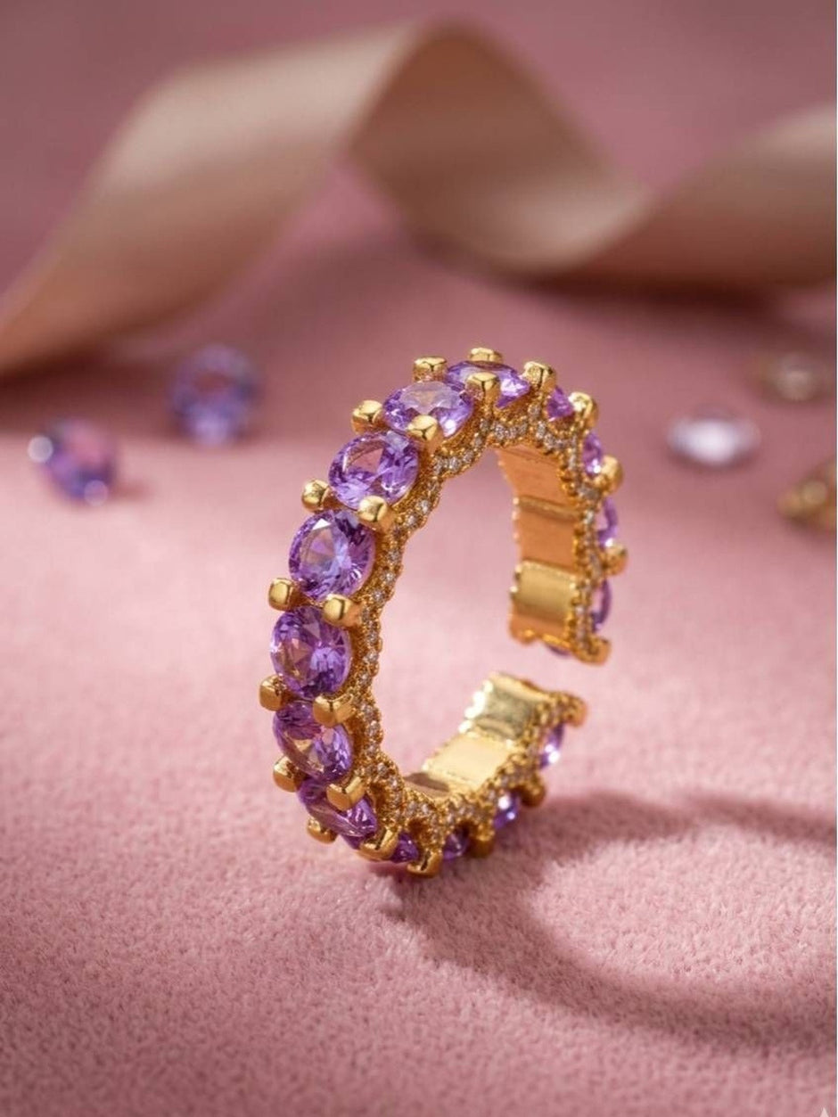 Luxe Amethyst Round Eternity Stackable Gold Band Ring