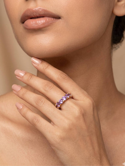 Luxe Amethyst Round Eternity Stackable Gold Band Ring