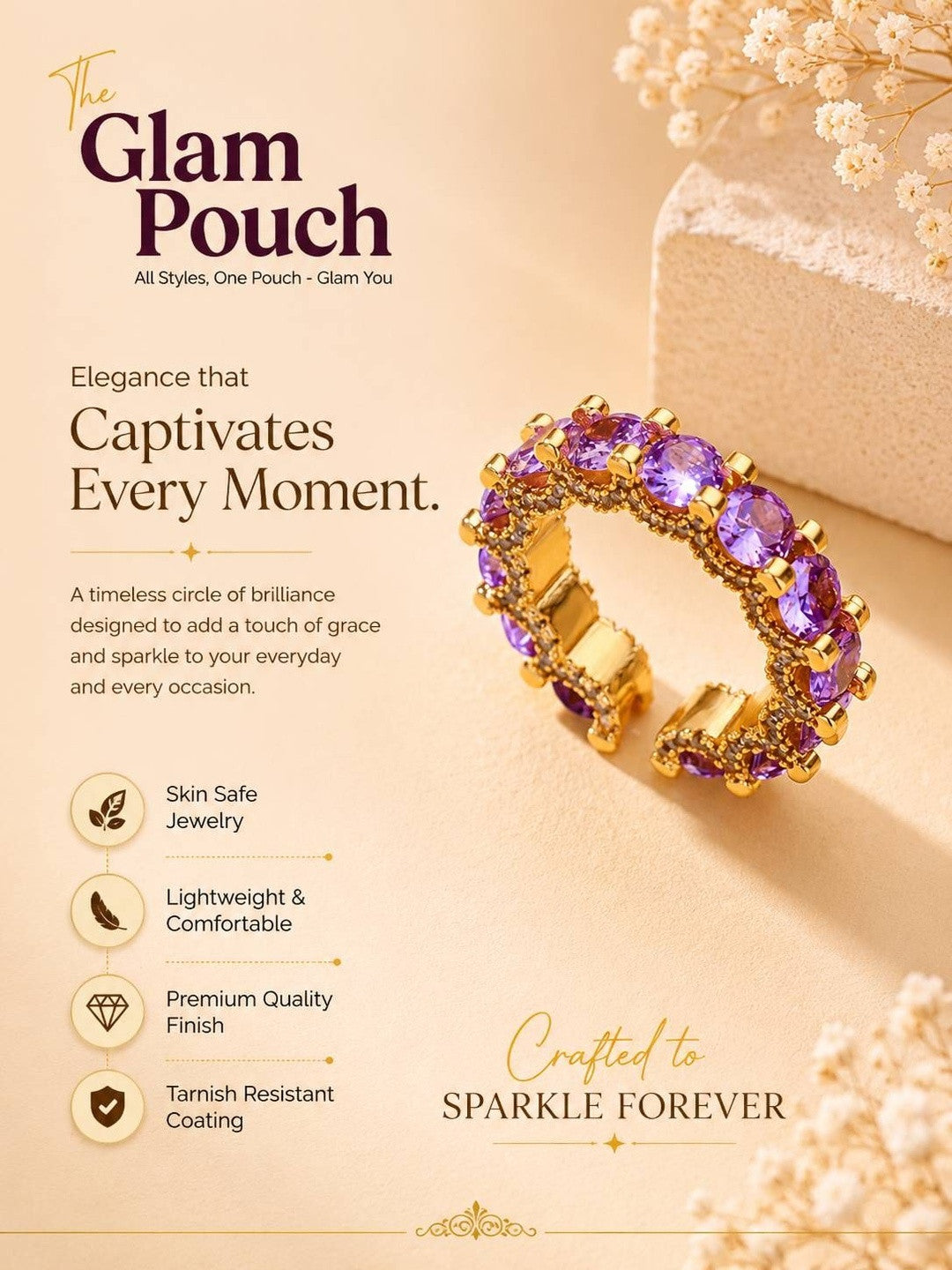 Luxe Amethyst Round Eternity Stackable Gold Band Ring