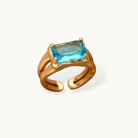 Classic Solitaire Aqua Blue Rectangle Stone Ring