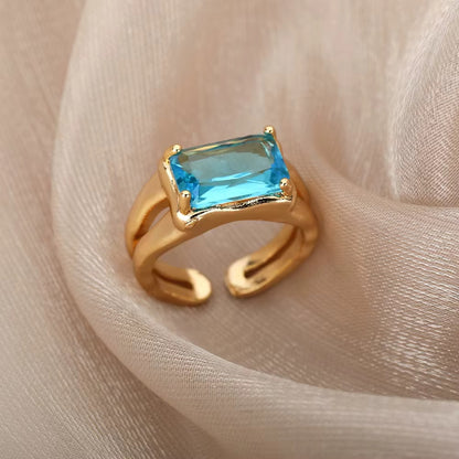 Classic Solitaire Aqua Blue Rectangle Stone Ring