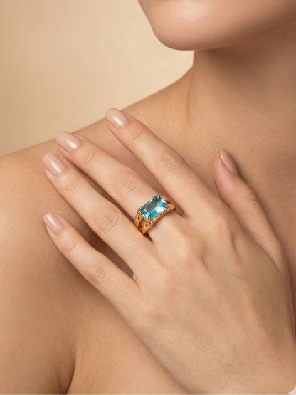 Classic Solitaire Aqua Blue Rectangle Stone Ring