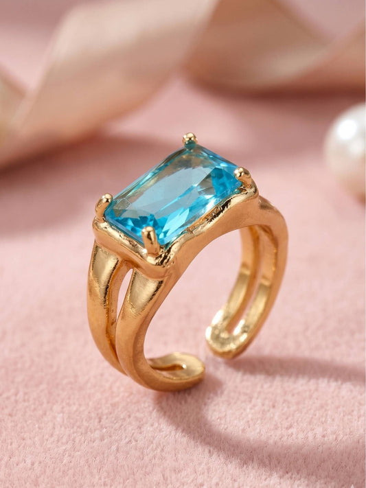 Classic Solitaire Aqua Blue Rectangle Stone Ring