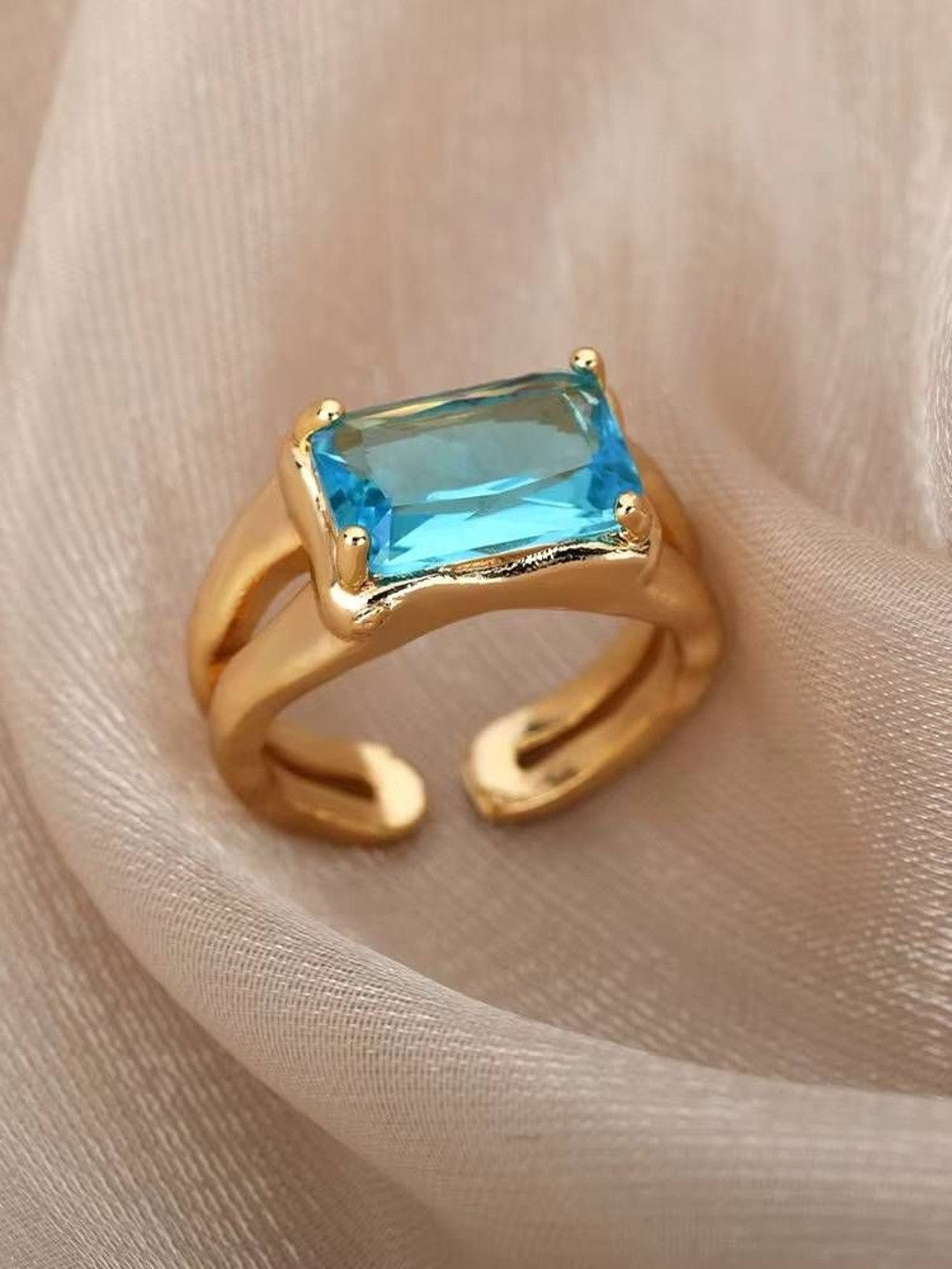 Classic Solitaire Aqua Blue Rectangle Stone Ring