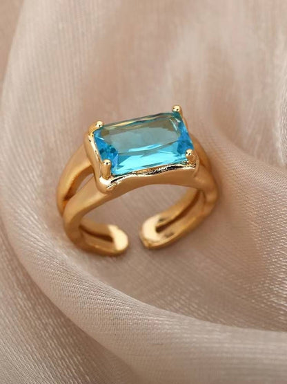 Classic Solitaire Aqua Blue Rectangle Stone Ring