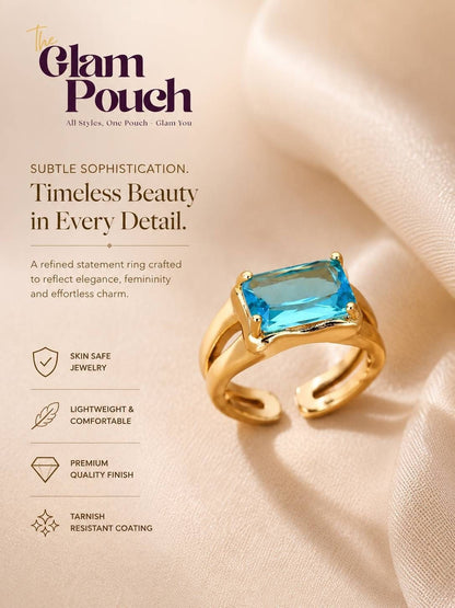 Classic Solitaire Aqua Blue Rectangle Stone Ring