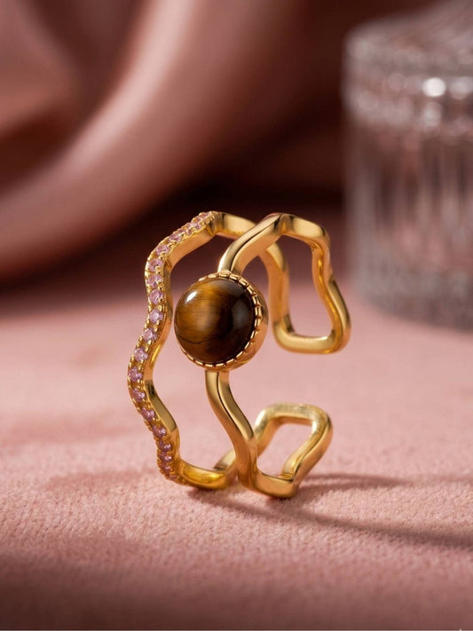 Wavy Tiger's Eye & Pave Split Color Stone Band Ring