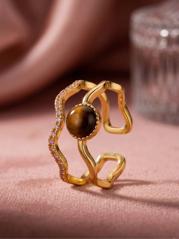 Wavy Tiger's Eye & Pave Split Color Stone Band Ring