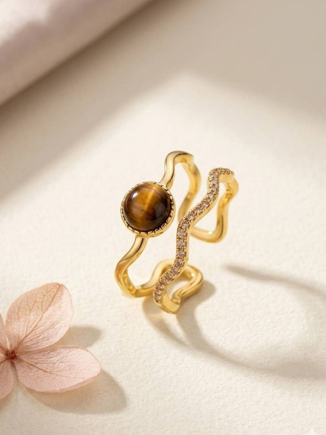Wavy Tiger's Eye & Pave Split Color Stone Band Ring