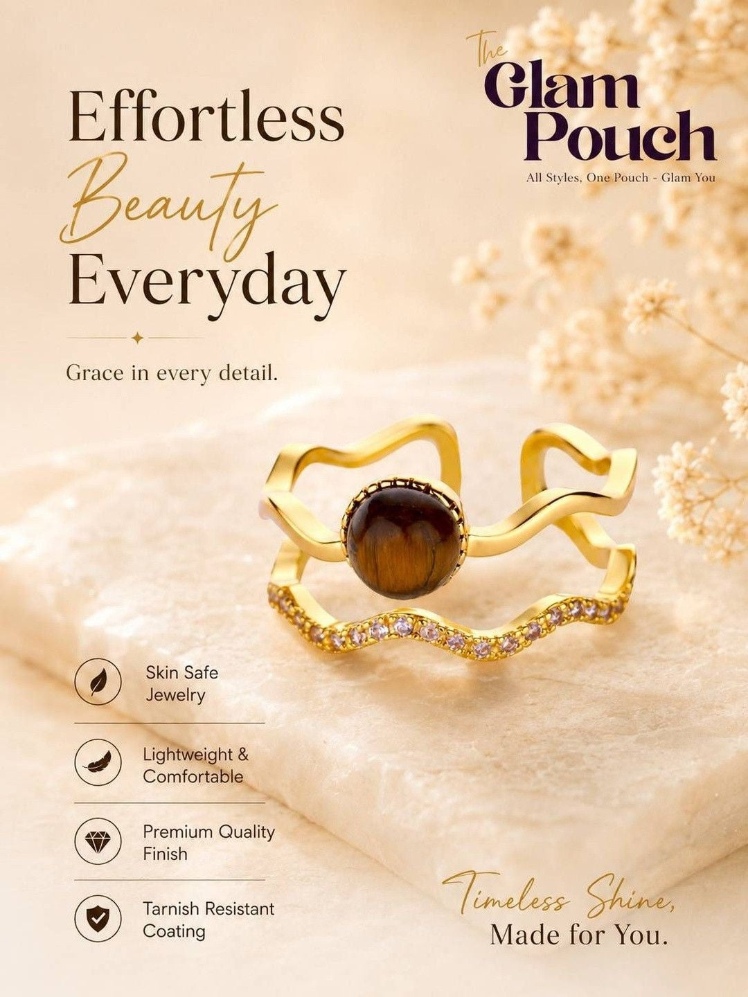 Wavy Tiger's Eye & Pave Split Color Stone Band Ring