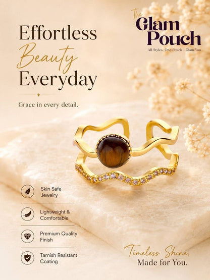 Wavy Tiger's Eye & Pave Split Color Stone Band Ring