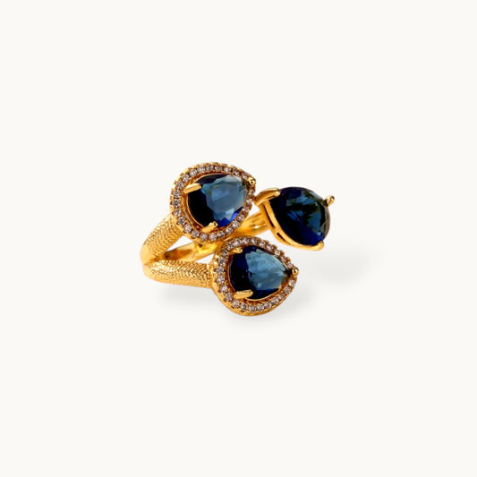 Triple Pear-Cut Pave Cluster Deep Sea Blue Stone Statement Ring