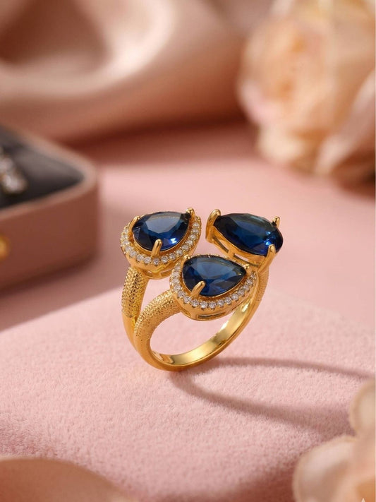 Triple Pear-Cut Pave Cluster Deep Sea Blue Stone Statement Ring