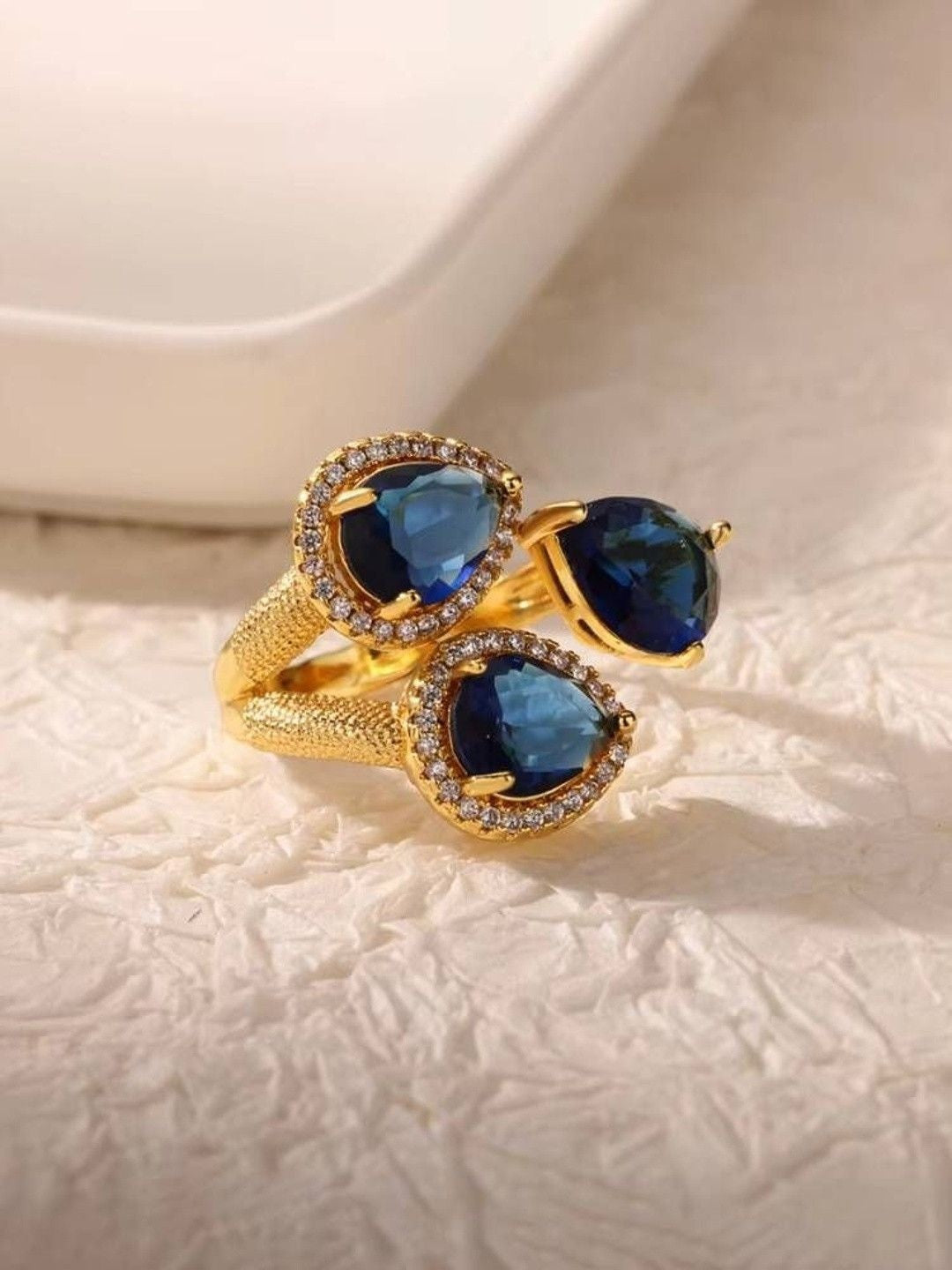 Triple Pear-Cut Pave Cluster Deep Sea Blue Stone Statement Ring