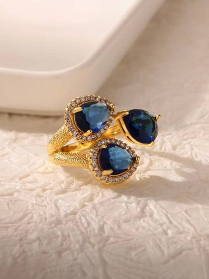 Triple Pear-Cut Pave Cluster Deep Sea Blue Stone Statement Ring