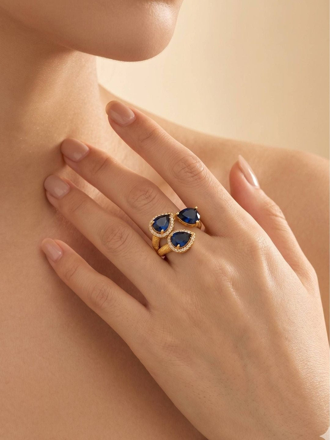 Triple Pear-Cut Pave Cluster Deep Sea Blue Stone Statement Ring