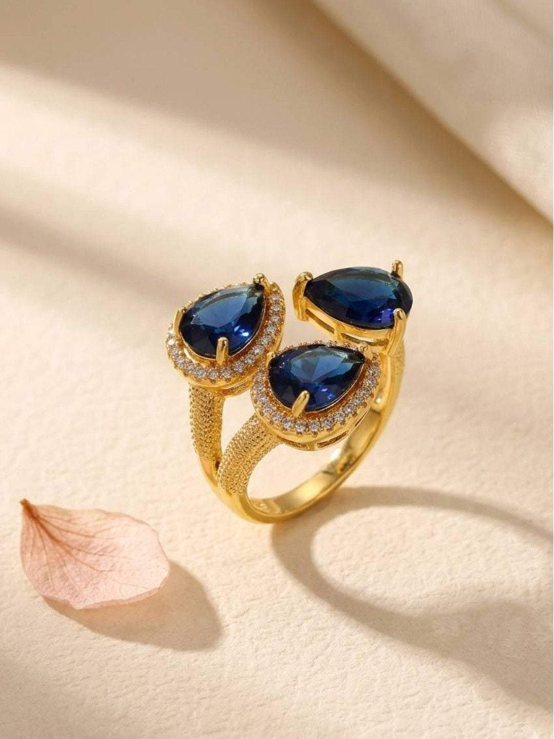 Triple Pear-Cut Pave Cluster Deep Sea Blue Stone Statement Ring