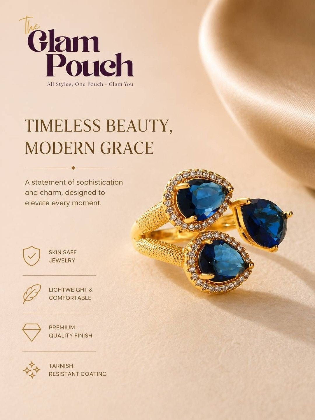 Triple Pear-Cut Pave Cluster Deep Sea Blue Stone Statement Ring