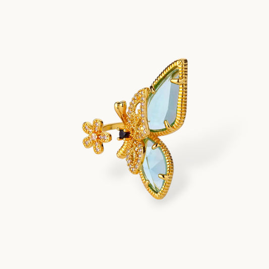 Luminous Blue-Wing Butterfly Statement Gold Ring