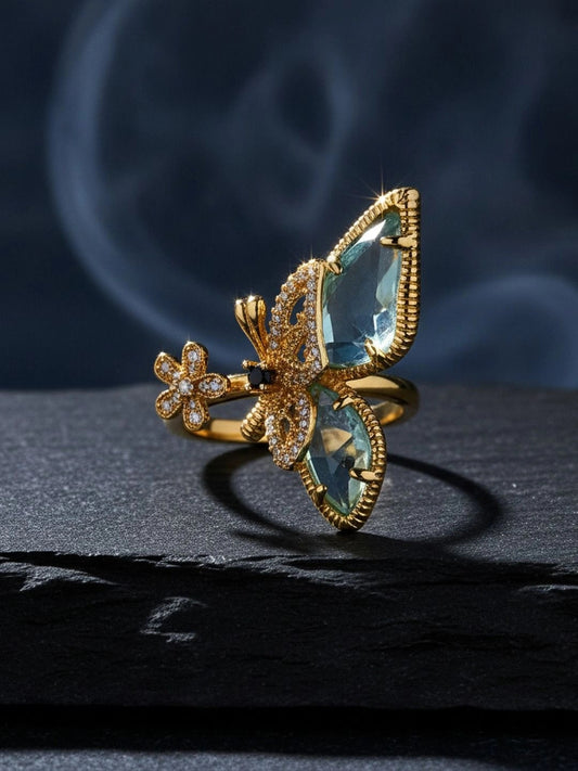 Luminous Blue-Wing Butterfly Statement Gold Ring