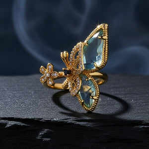 Luminous Blue-Wing Butterfly Statement Gold Ring