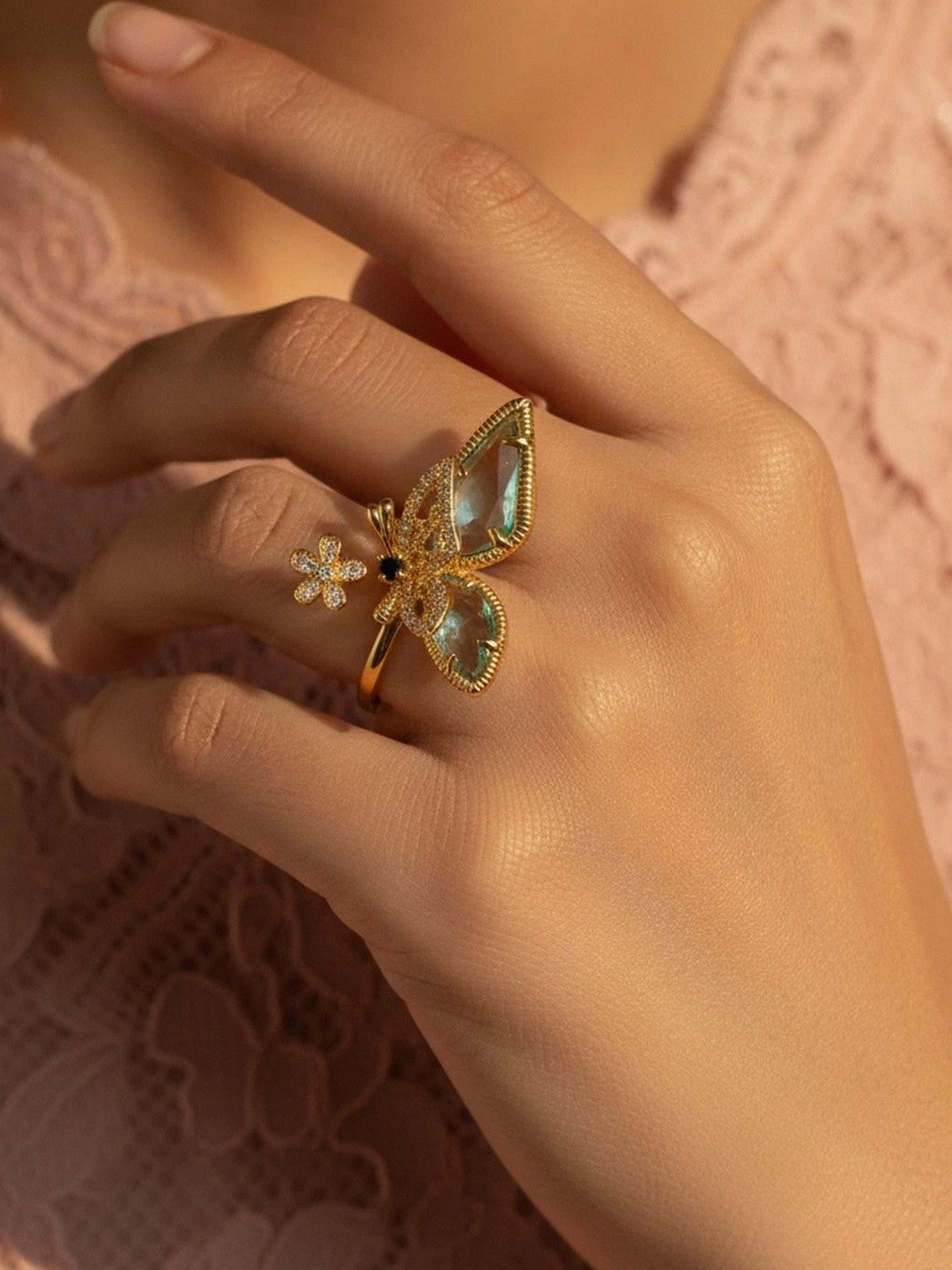 Luminous Blue-Wing Butterfly Statement Gold Ring