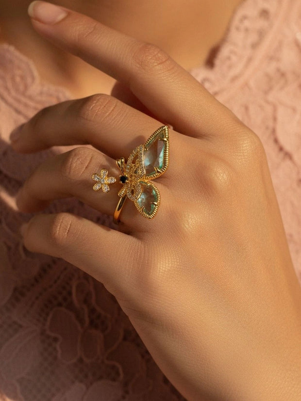 Luminous Blue-Wing Butterfly Statement Gold Ring