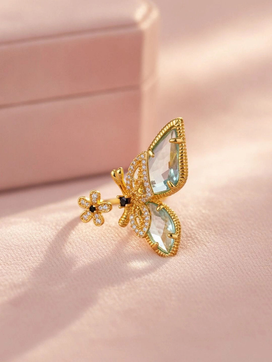 Luminous Blue-Wing Butterfly Statement Gold Ring