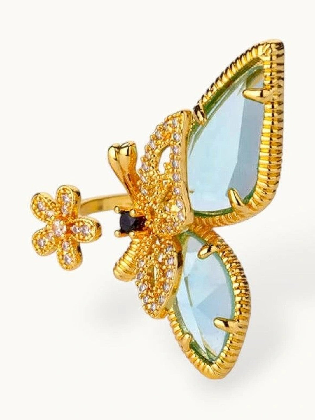 Luminous Blue-Wing Butterfly Statement Gold Ring