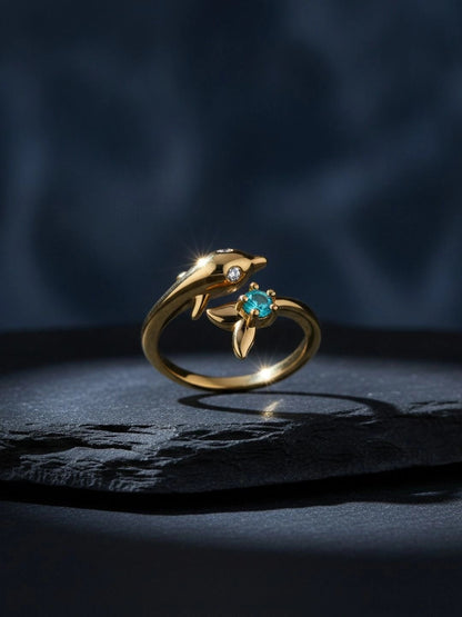 Oceanic Dolphin Wrap Blue Gem Stone Ring
