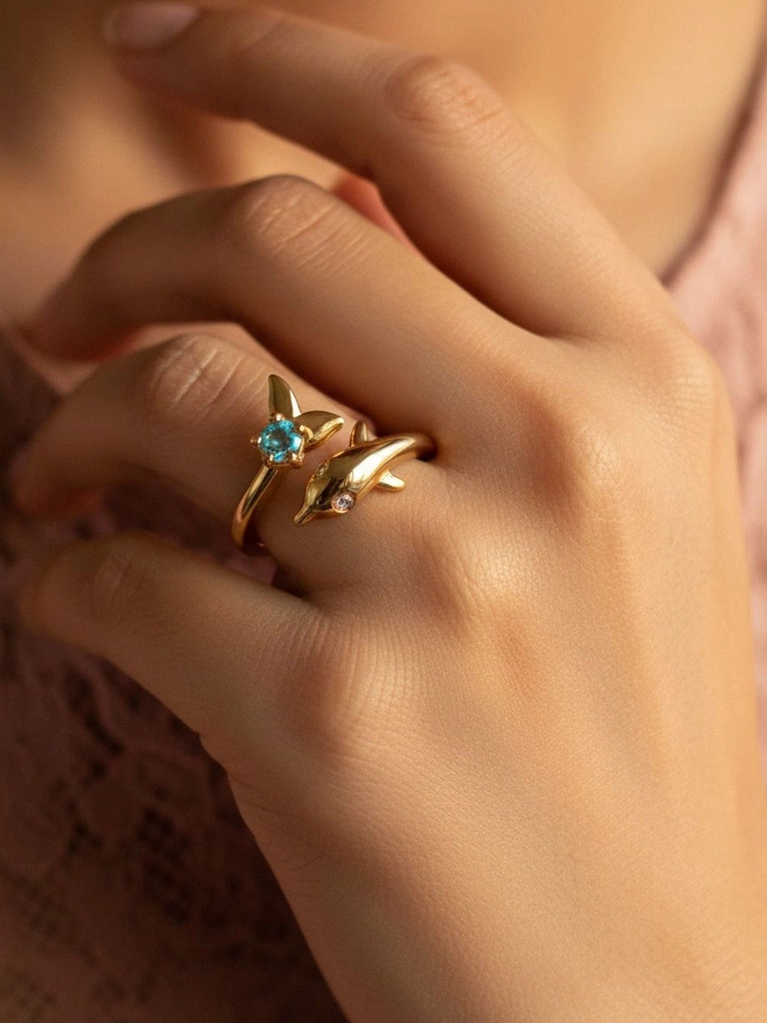 Oceanic Dolphin Wrap Blue Gem Stone Ring
