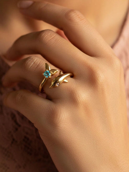 Oceanic Dolphin Wrap Blue Gem Stone Ring