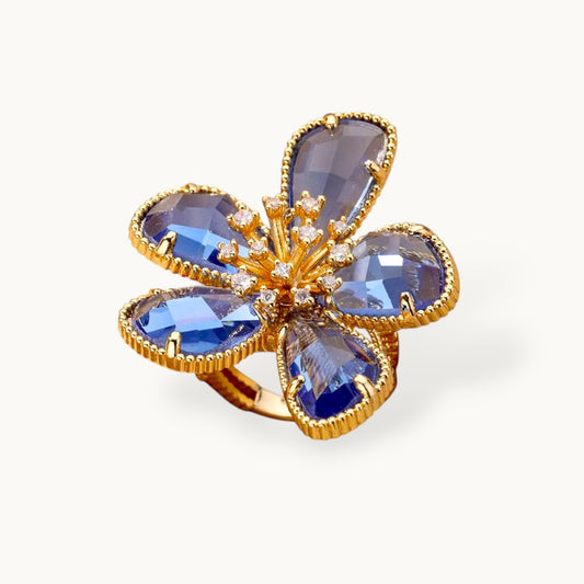 Majestic Blue Sapphire Petal Flower Shape Statement Ring