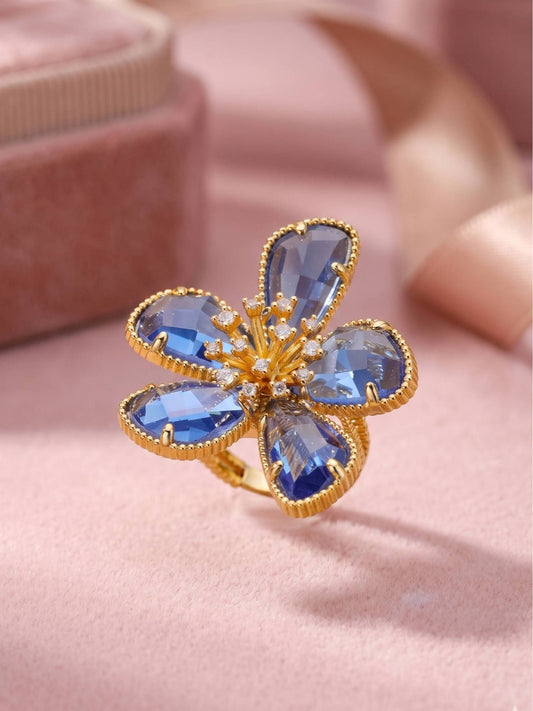 Majestic Blue Sapphire Petal Flower Shape Statement Ring