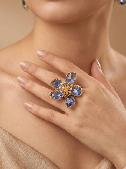 Majestic Blue Sapphire Petal Flower Shape Statement Ring