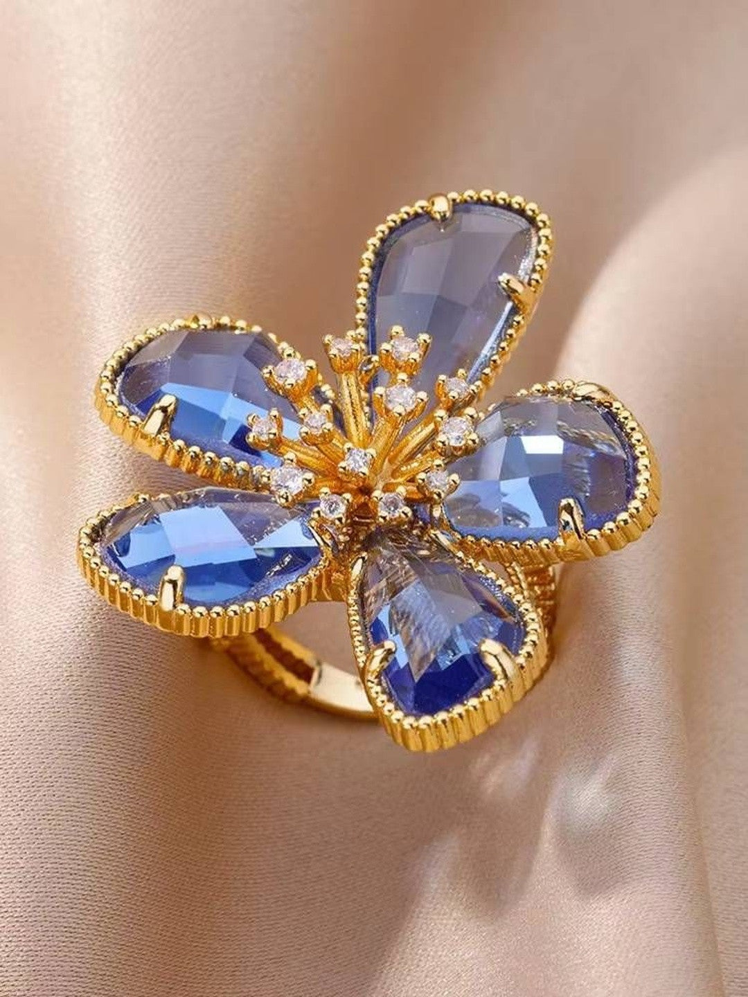 Majestic Blue Sapphire Petal Flower Shape Statement Ring