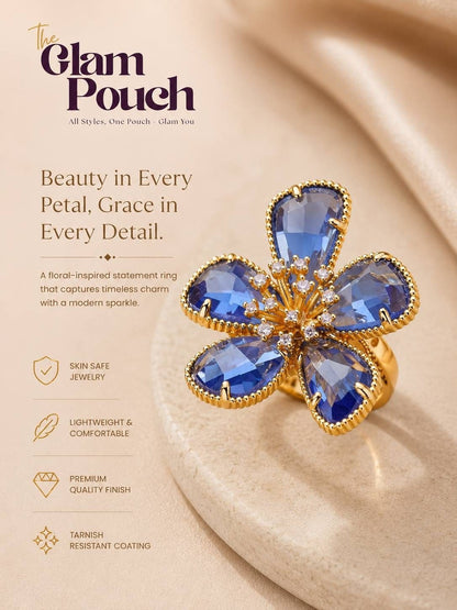 Majestic Blue Sapphire Petal Flower Shape Statement Ring