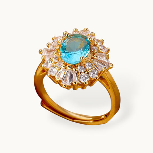 Halo Burst Blue Oval Stone & Baguette Cocktail Statement Ring