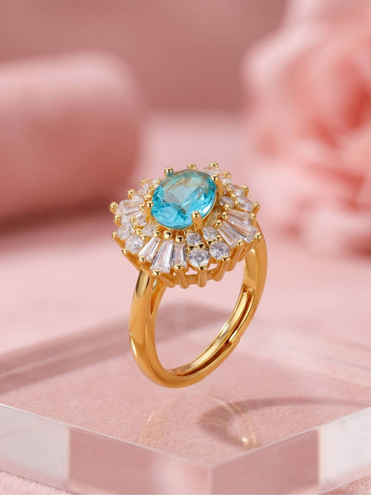 Halo Burst Blue Oval Stone & Baguette Cocktail Statement Ring
