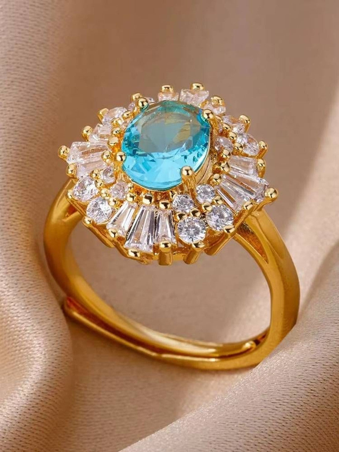 Halo Burst Blue Oval Stone & Baguette Cocktail Statement Ring