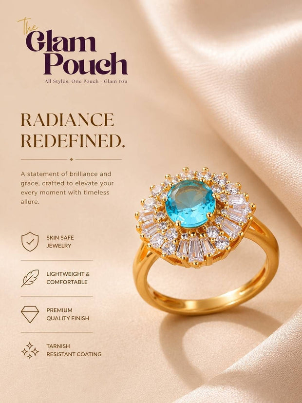 Halo Burst Blue Oval Stone & Baguette Cocktail Statement Ring