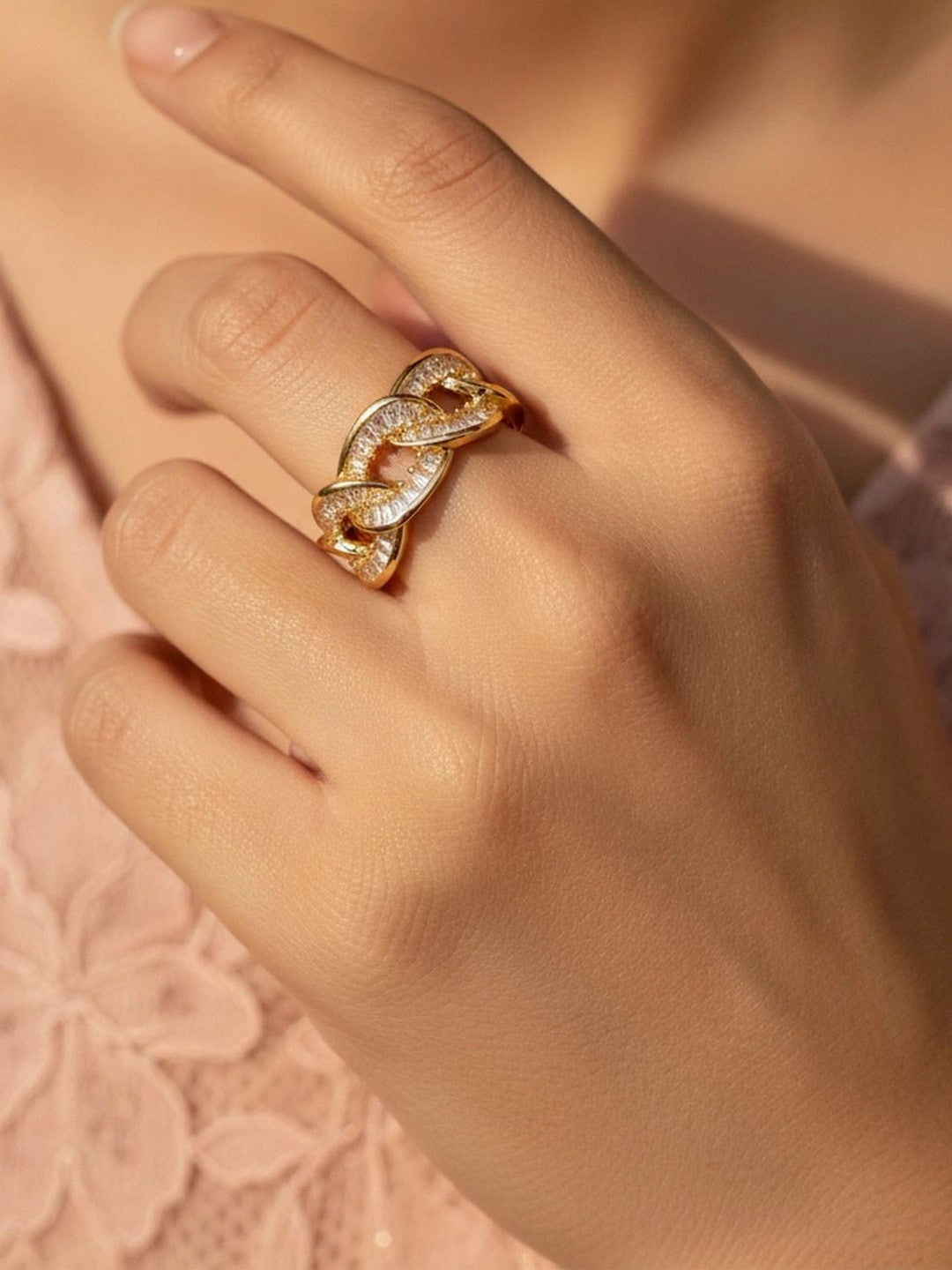 Bold Baguette Pave Curb Link Stackable Diamond Ring