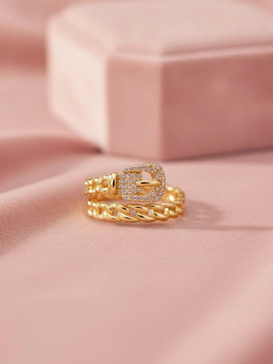 Edgy Pave Buckle Chain Wrap Stackable Ring
