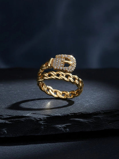 Edgy Pave Buckle Chain Wrap Stackable Ring