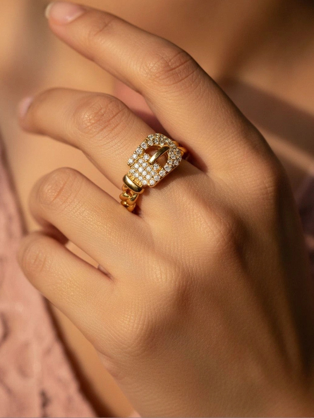 Edgy Pave Buckle Chain Wrap Stackable Ring