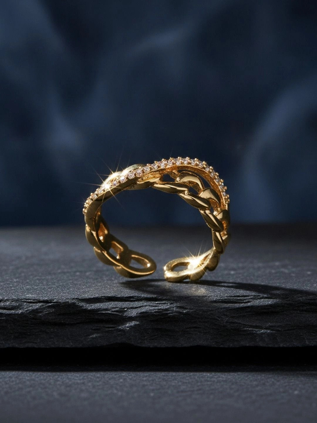 Pave Edge Open Chain Link Adjustable & Stackable Diamond Ring
