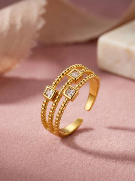 Triple Row Beaded & Solitaire Adjustable Stackable Diamond Ring