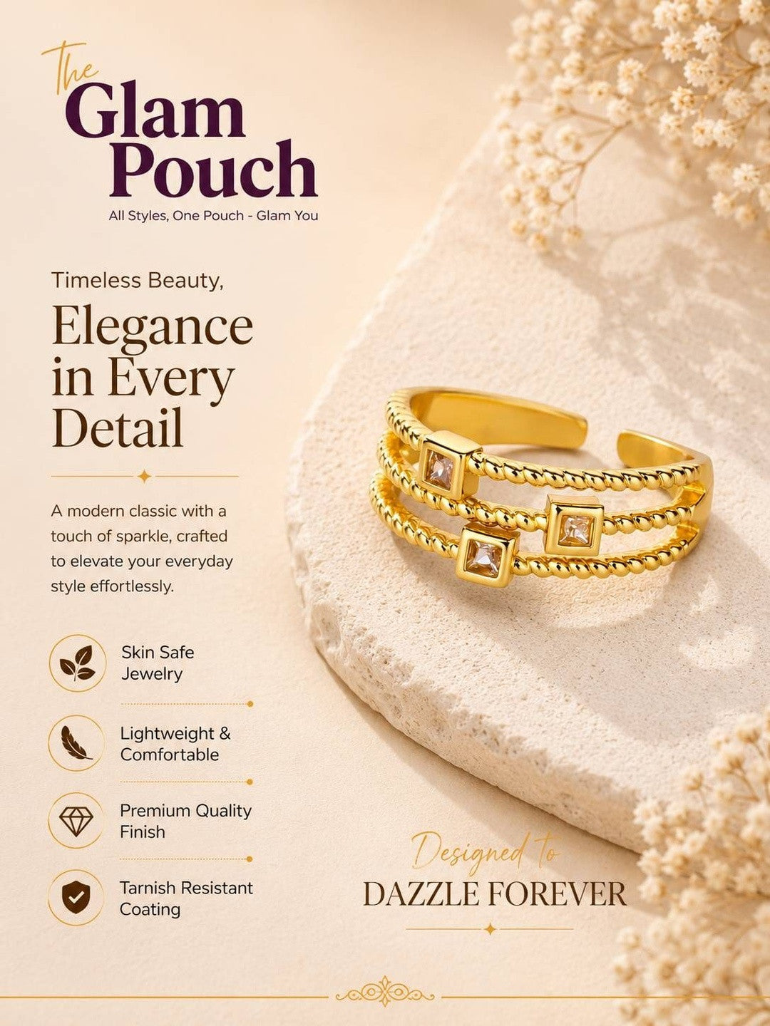 Triple Row Beaded & Solitaire Adjustable Stackable Diamond Ring