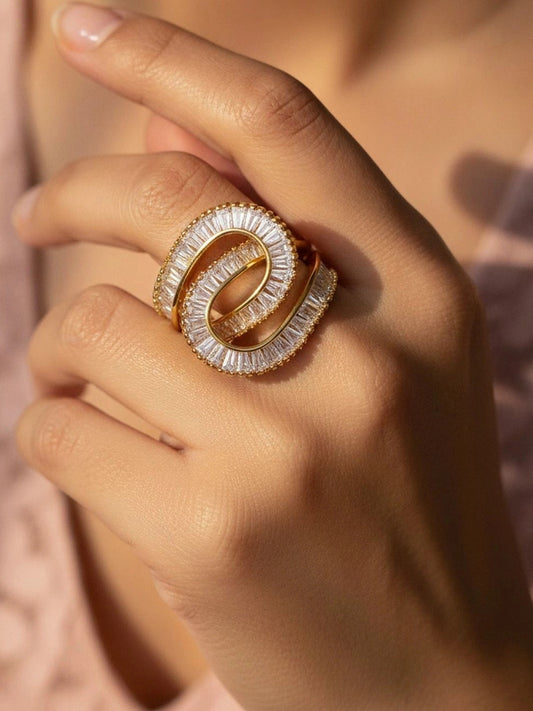 Sculptural Triple Spiral Baguette Gold Statement Diamond Ring