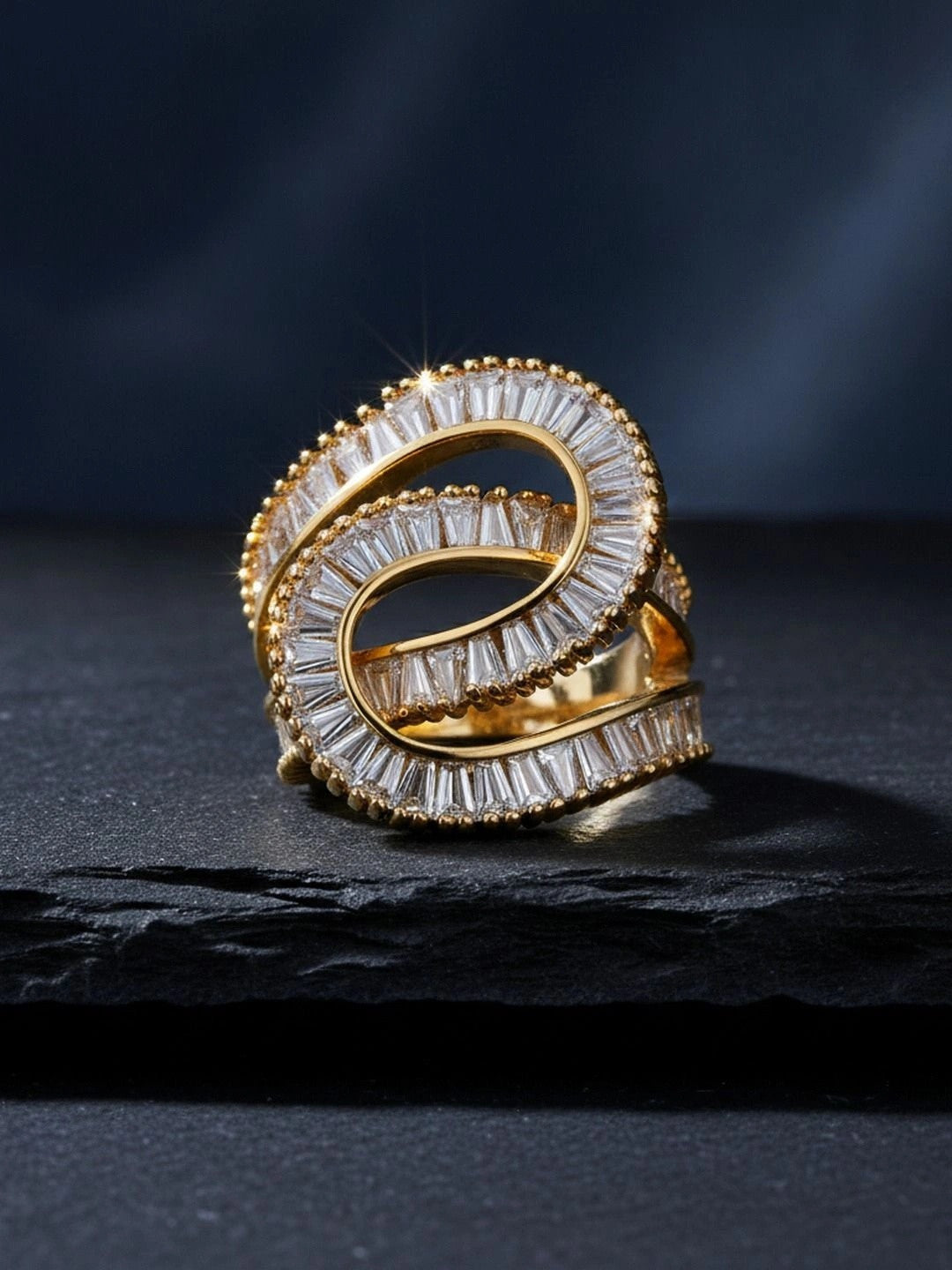 Sculptural Triple Spiral Baguette Gold Statement Diamond Ring